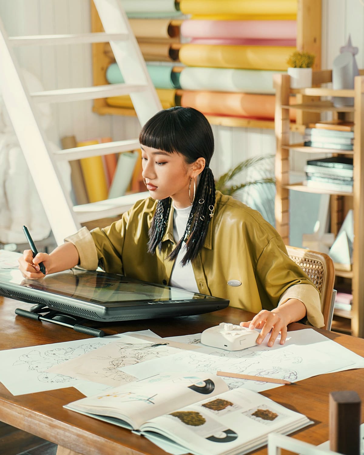 Designer sketching on a drawing tablet in a sunlit studio