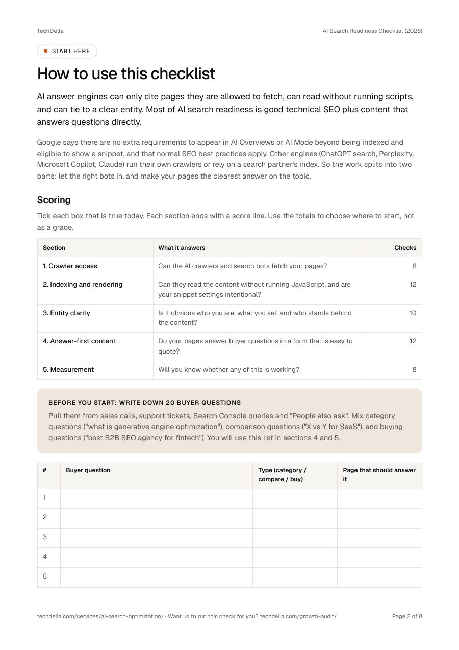 Page 2 of AI Search Readiness Checklist (2026)