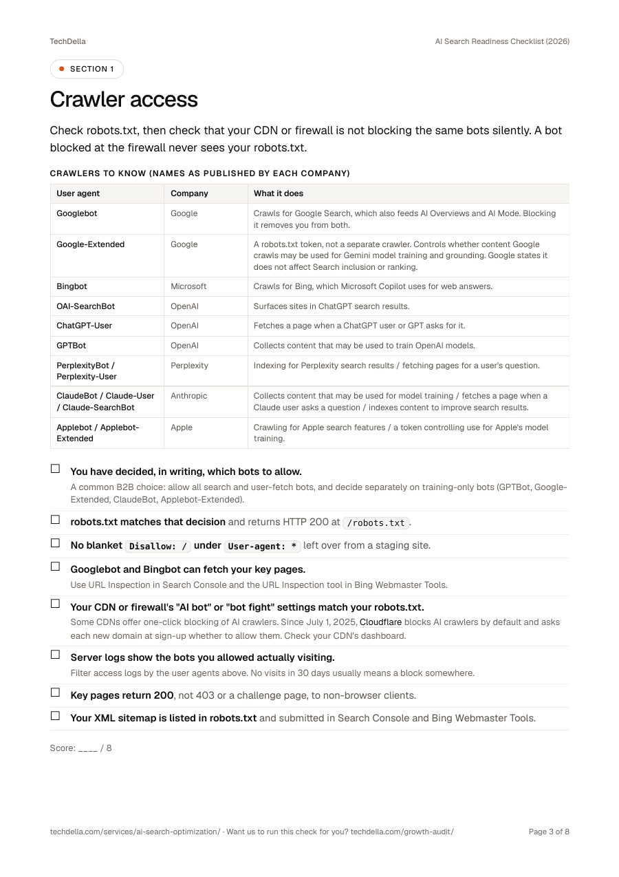 Page 3 of AI Search Readiness Checklist (2026)